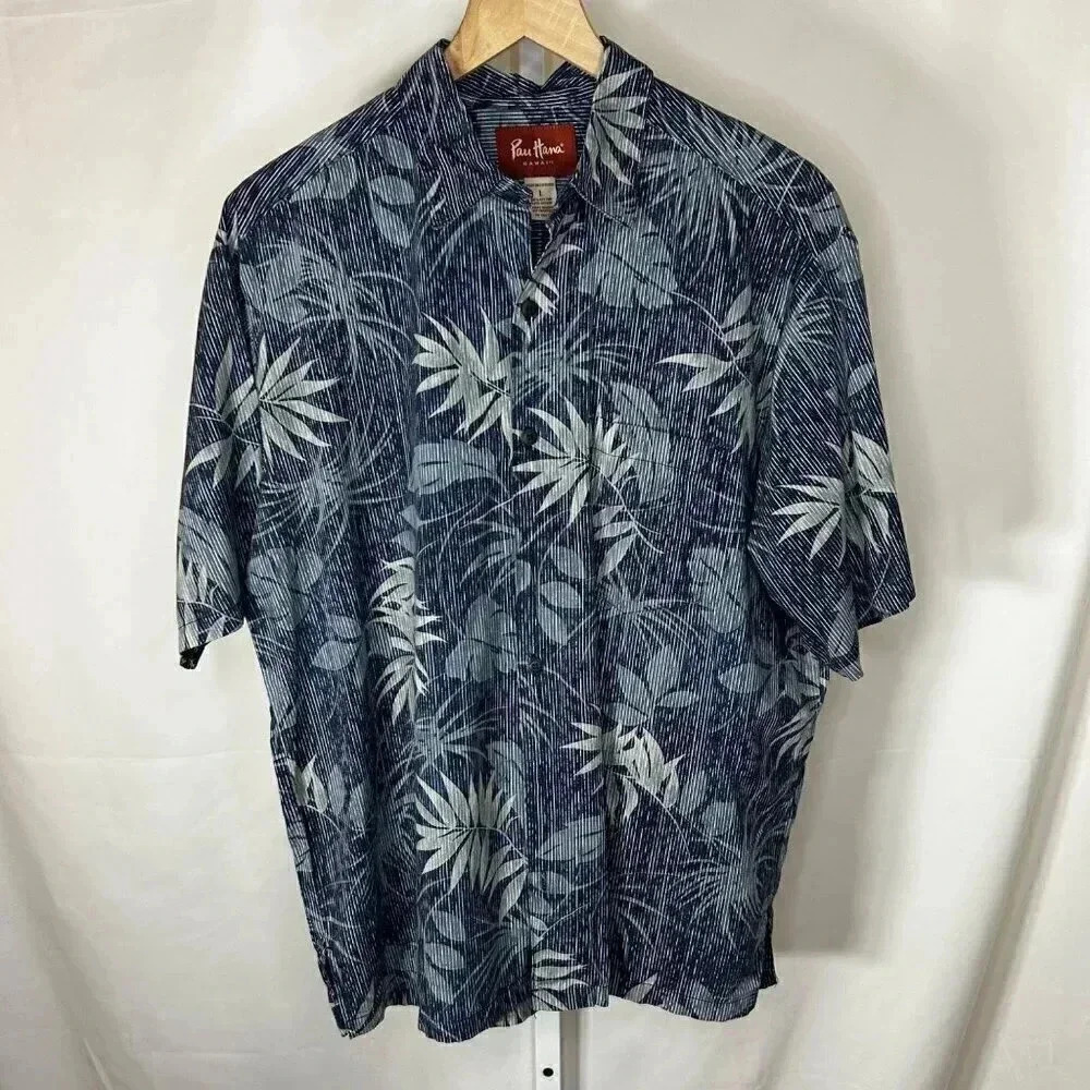 Pau Hana Size Large Hawaiian Tropical Shirt Blue Floral Resort Cruise
